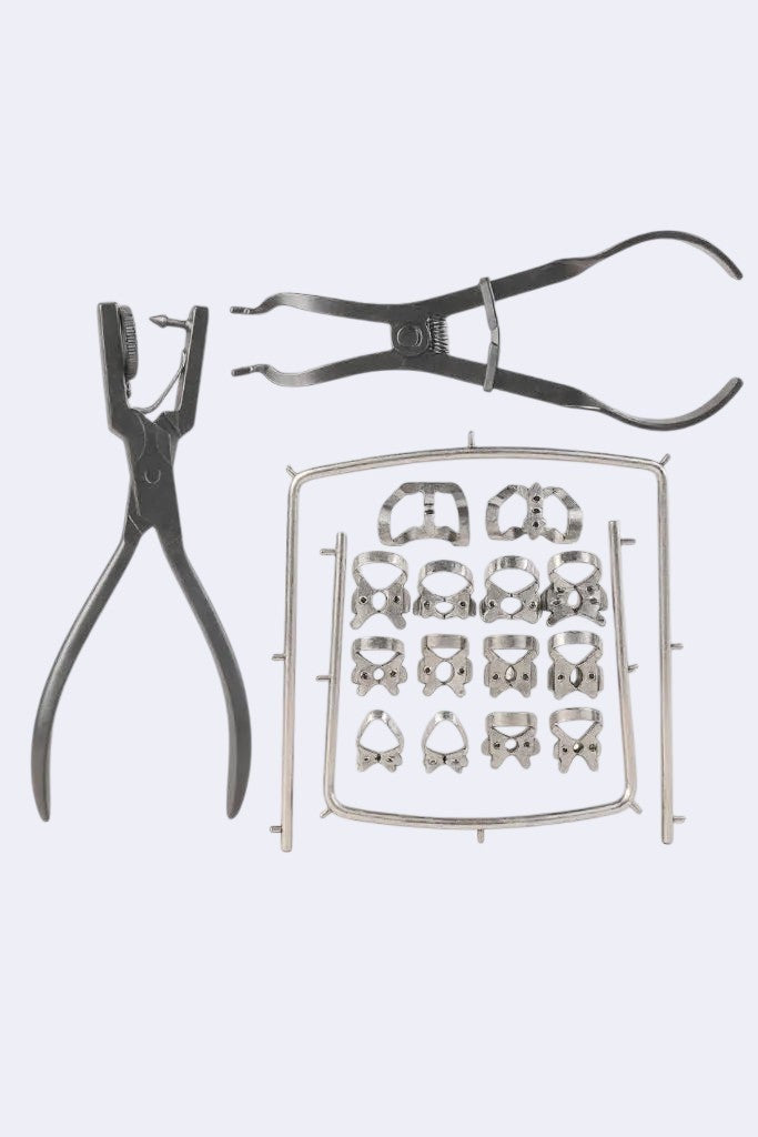 DENTISTOOLBOX 18-piece rubber dam starter kit with metal frame, forceps, and various clamps for dental procedures.