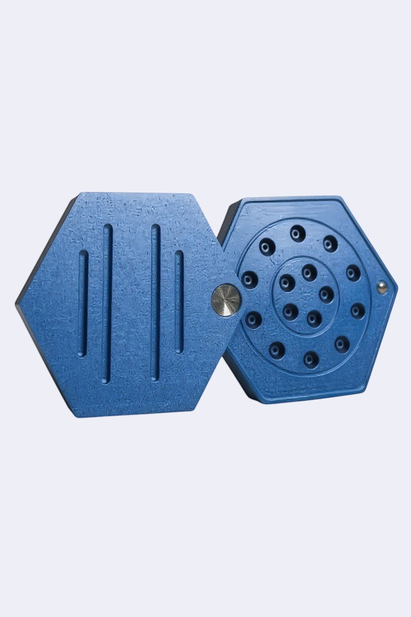 DENTISTOOLBOX blue stainless steel GBR pin box for guided bone regeneration, hexagonal design, holds 15 pins.