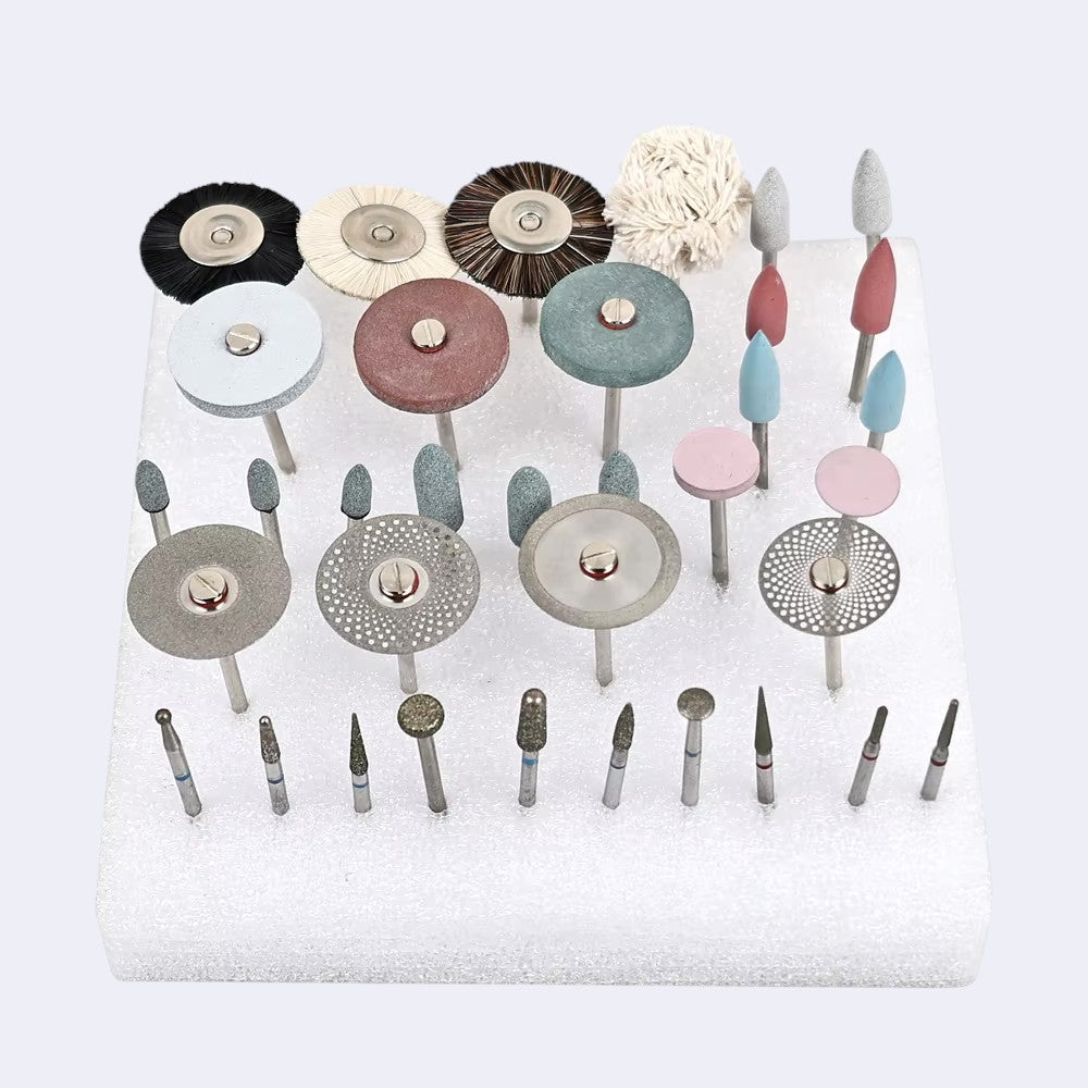 DENTISTOOLBOX 35-piece ceramic polishing kit with diamond burs, stones, silicone polishers, and brushes for dental finishing.