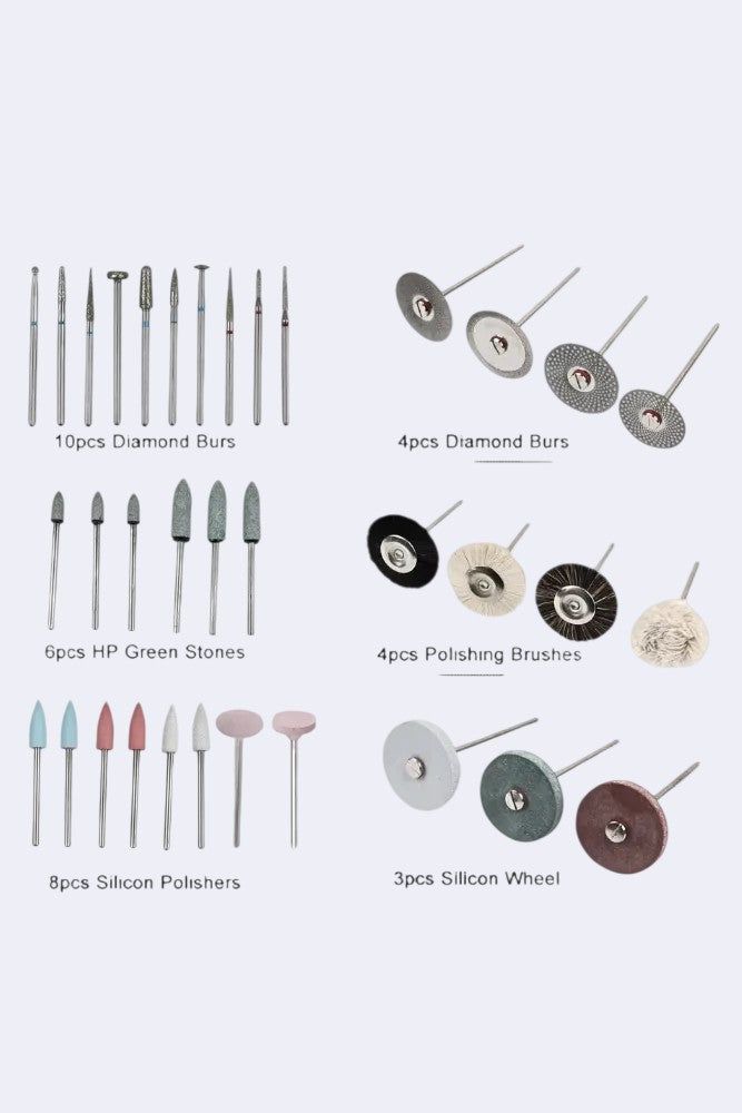 DENTISTOOLBOX 35-piece ceramic polishing kit with diamond burs, green stones, silicone polishers, brushes, and wheels for dental finishing.