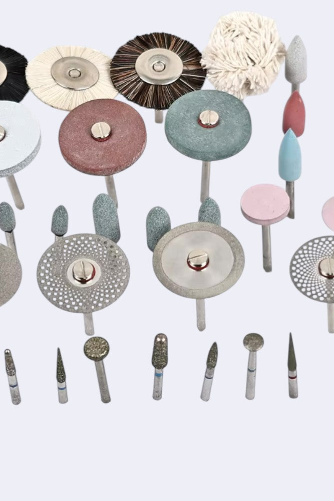 DENTISTOOLBOX 35-piece ceramic polishing kit with diamond burs, stones, silicone polishers, and brushes for dental finishing.