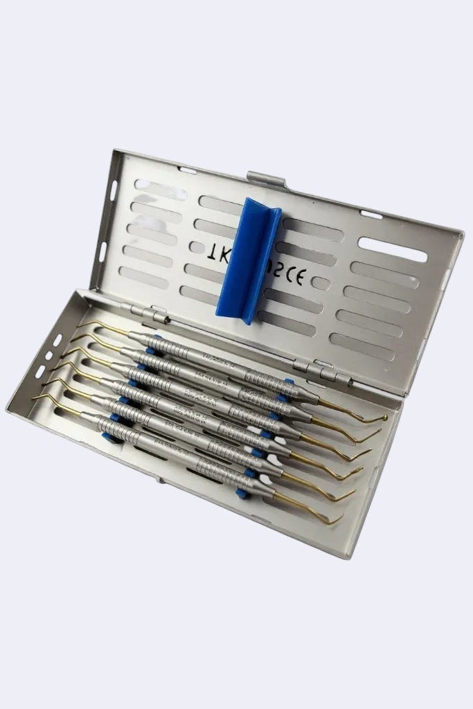 DENTISTOOLBOX composite restoration kit with 5 stainless steel spatulas and pluggers in a sterilisation cassette.