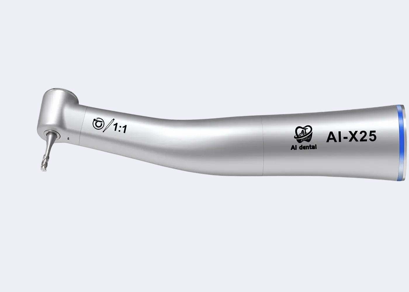 DENTISTOOLBOX silver dental contra angle 1:1 with blue ring detail. Features ergonomic design and AI-X25 model.