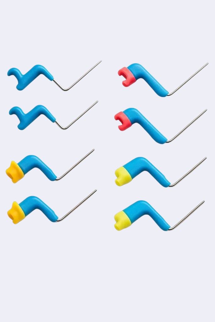 DENTISTOOLBOX blue, red, and yellow modular radio-angulators for long cone dental radiography. Precision positioning tools.