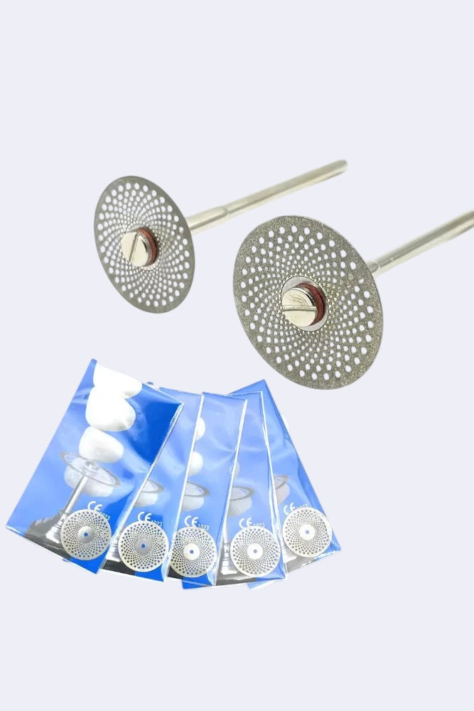 DENTISTOOLBOX 5-pack double-sided diamond cutting discs for precision polishing and cutting of dental materials.