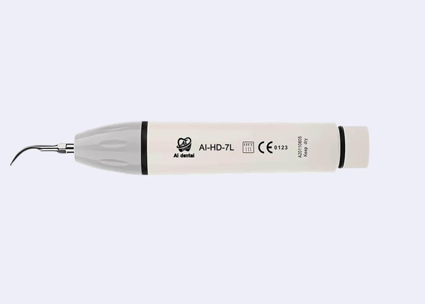 DENTISTOOLBOX white and grey ultrasonic dental scaler handpiece with LED light, compatible with Satelec/DTE systems.