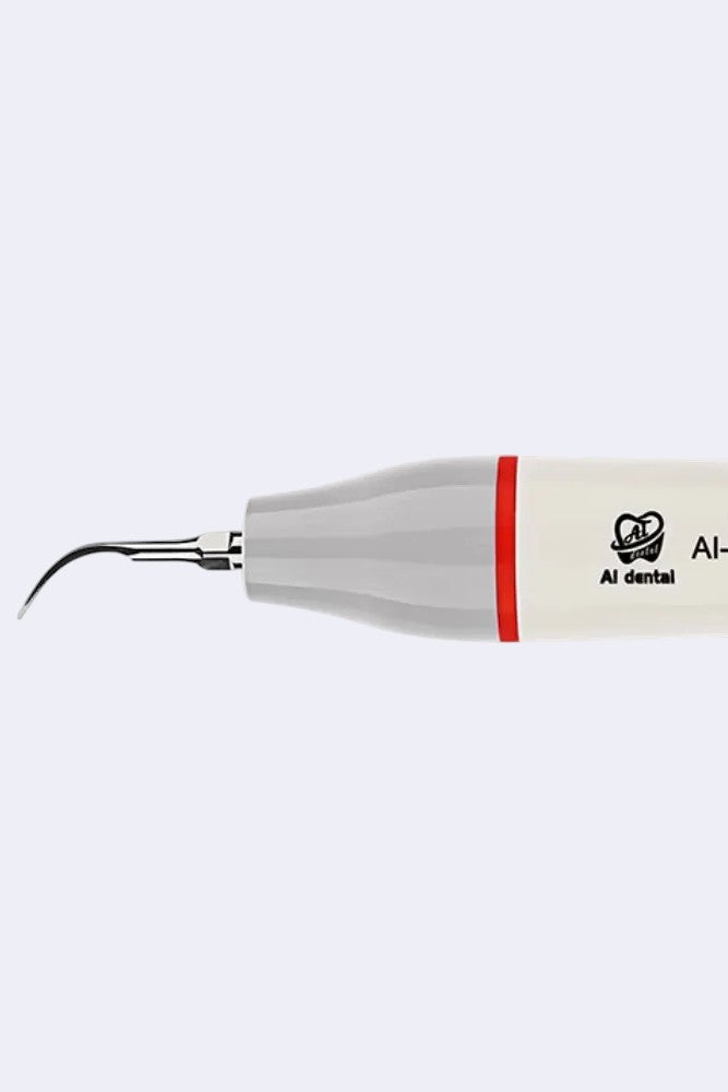 DENTISTOOLBOX EMS Woodpecker ultrasonic scaler with LED, white and grey handle with red band, curved tip for dental procedures.