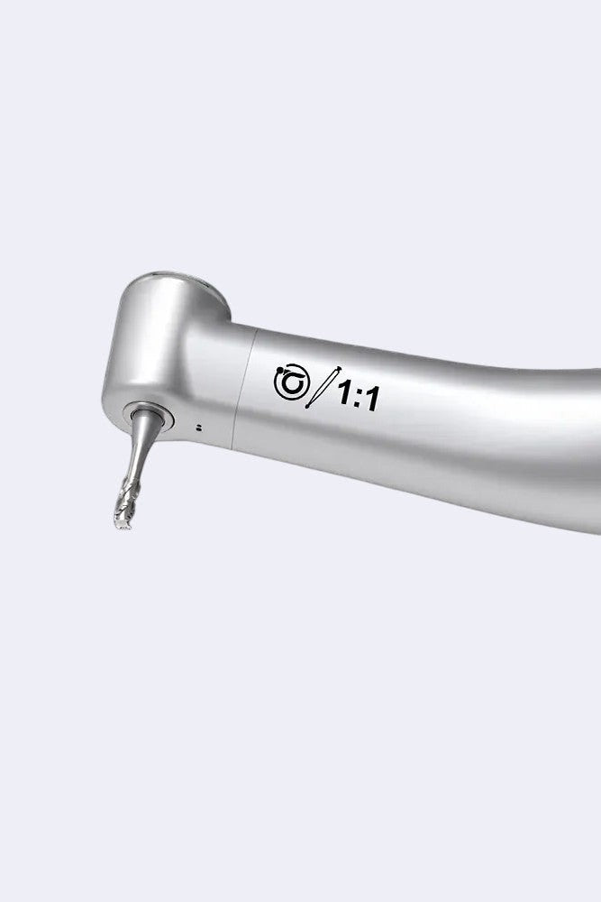DENTISTOOLBOX silver 1:1 dental contra-angle handpiece with a bur attached, designed for precision and durability.