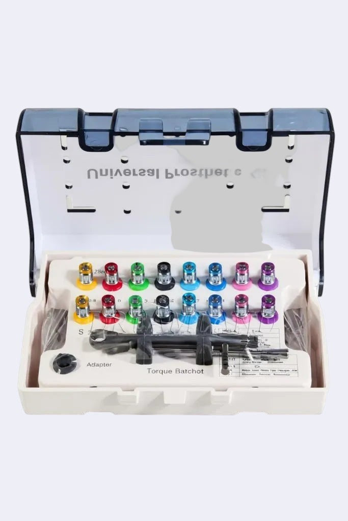 DENTISTOOLBOX universal implantology screwdriver kit with color-coded drivers and torque wrench for precise dental prosthetics.
