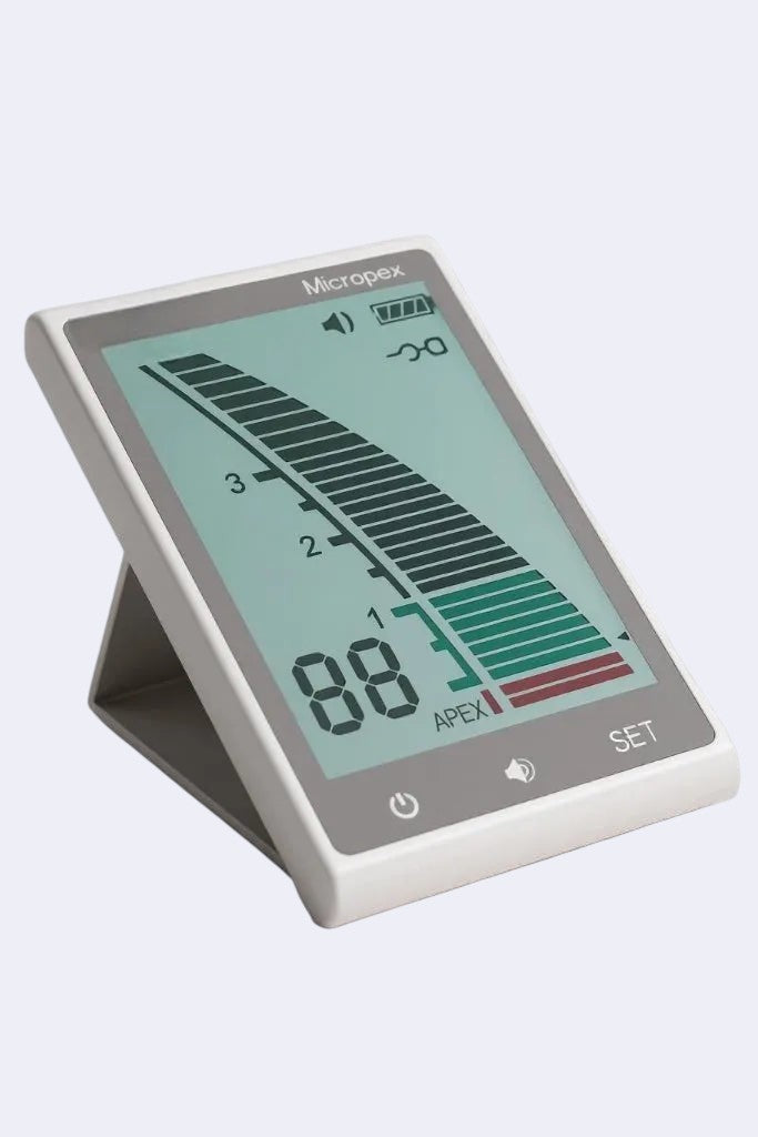 DENTISTOOLBOX MicroPex Apex locator, a white plastic dental device with a clear screen displaying root canal measurements for endodontic treatments.